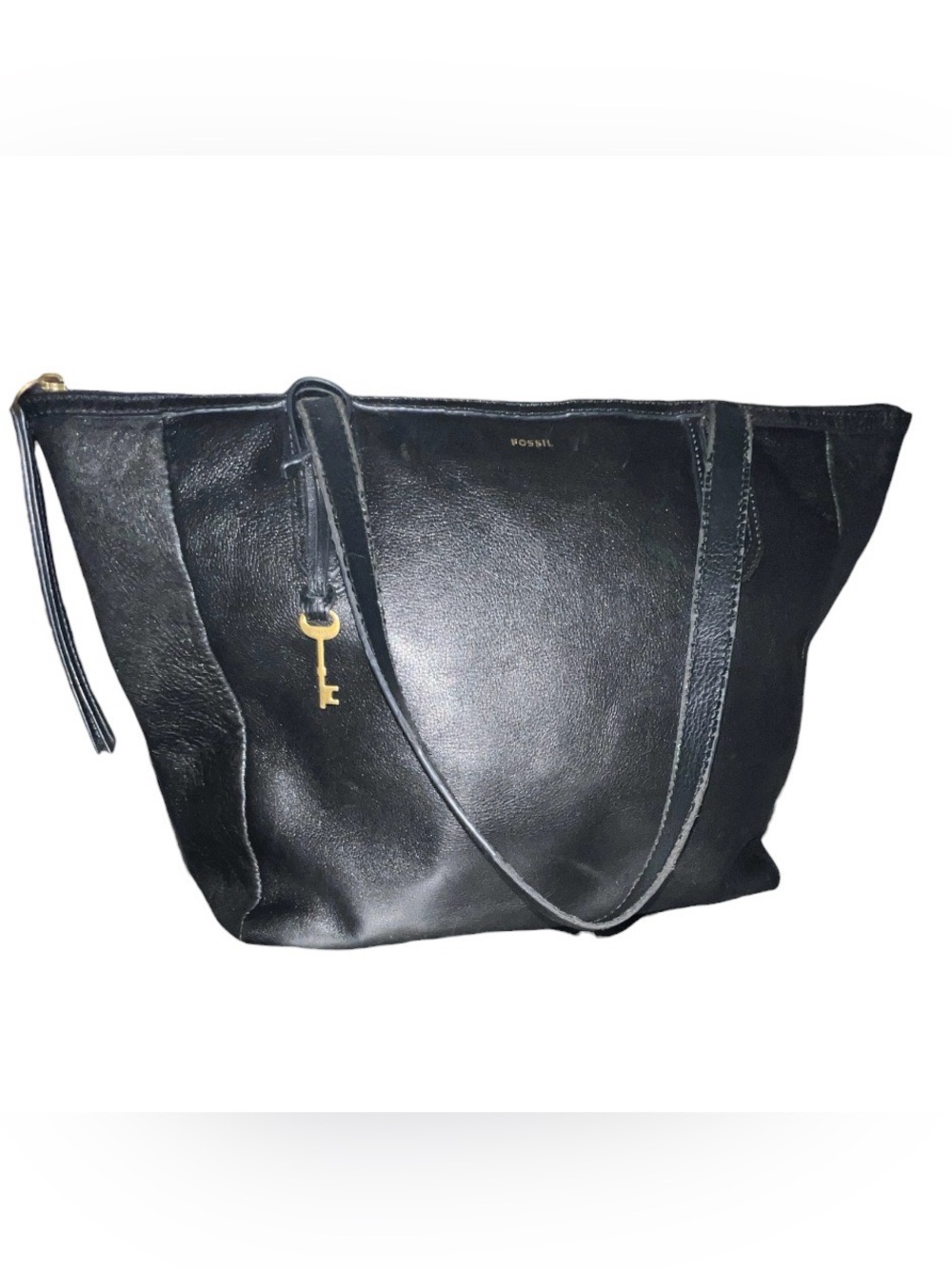 Fossil Black Leather Sydney Tote Bag with Key Charm - EUC